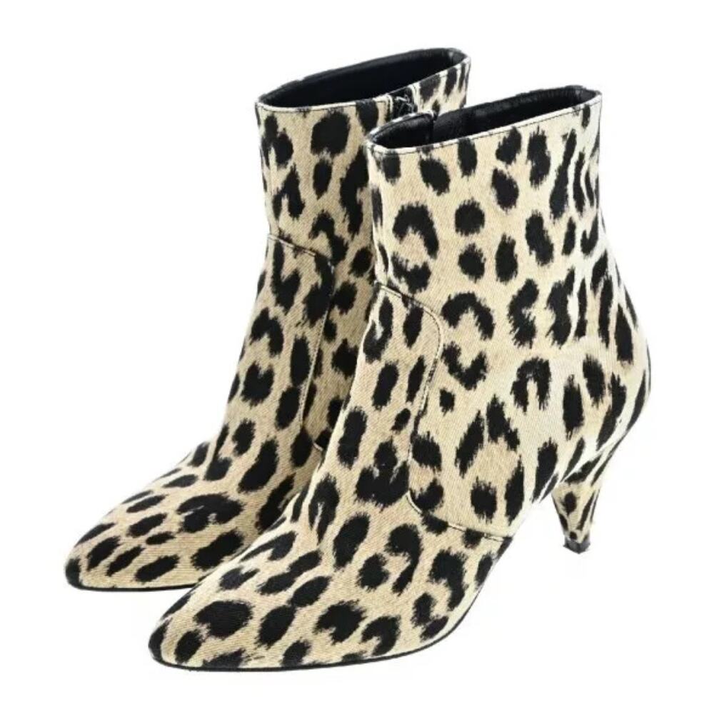 CELINE Boots Beige black Leopard pattern cloth canvas western casual NEW US5.5